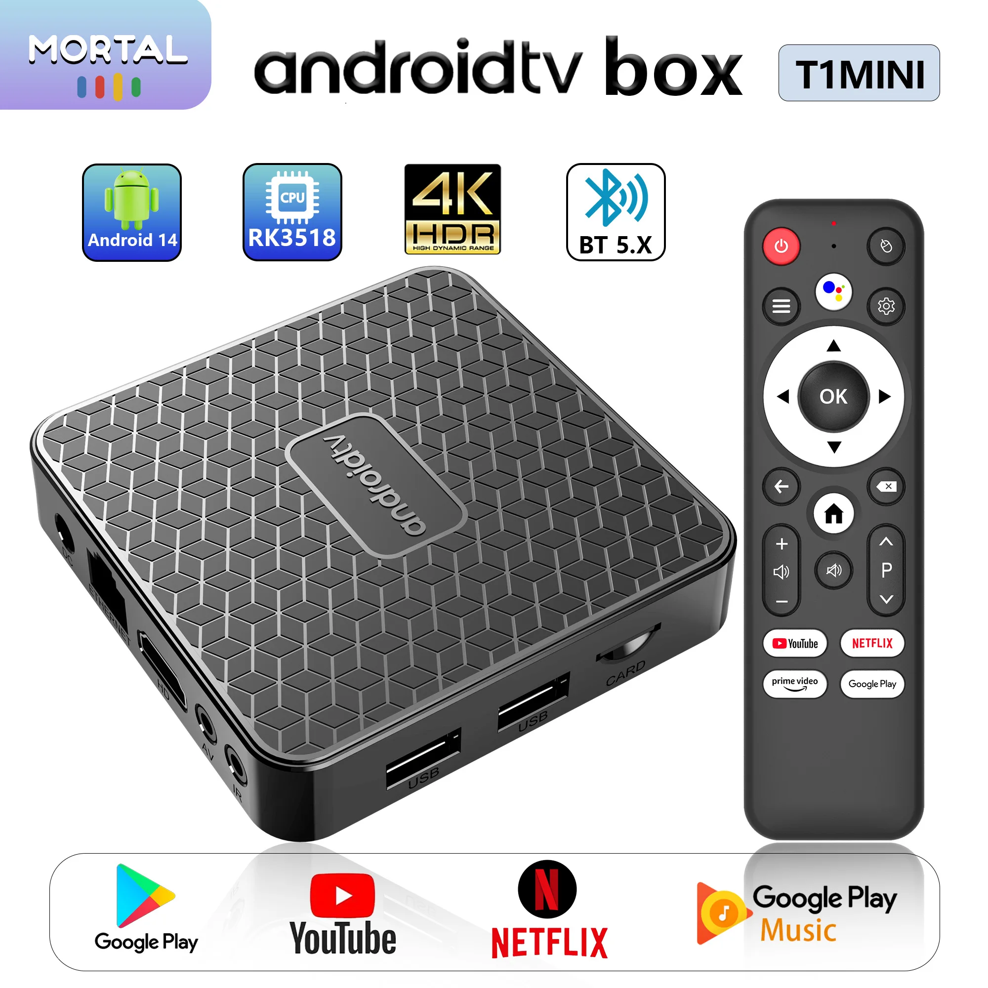 

HOT Android14.0 Smart TV BOX Rockchip RK 3518 4K BT5.0 Wifi 6 HDR Google Play Youtube tiktok Multi Language Set Top Box T1 MINI