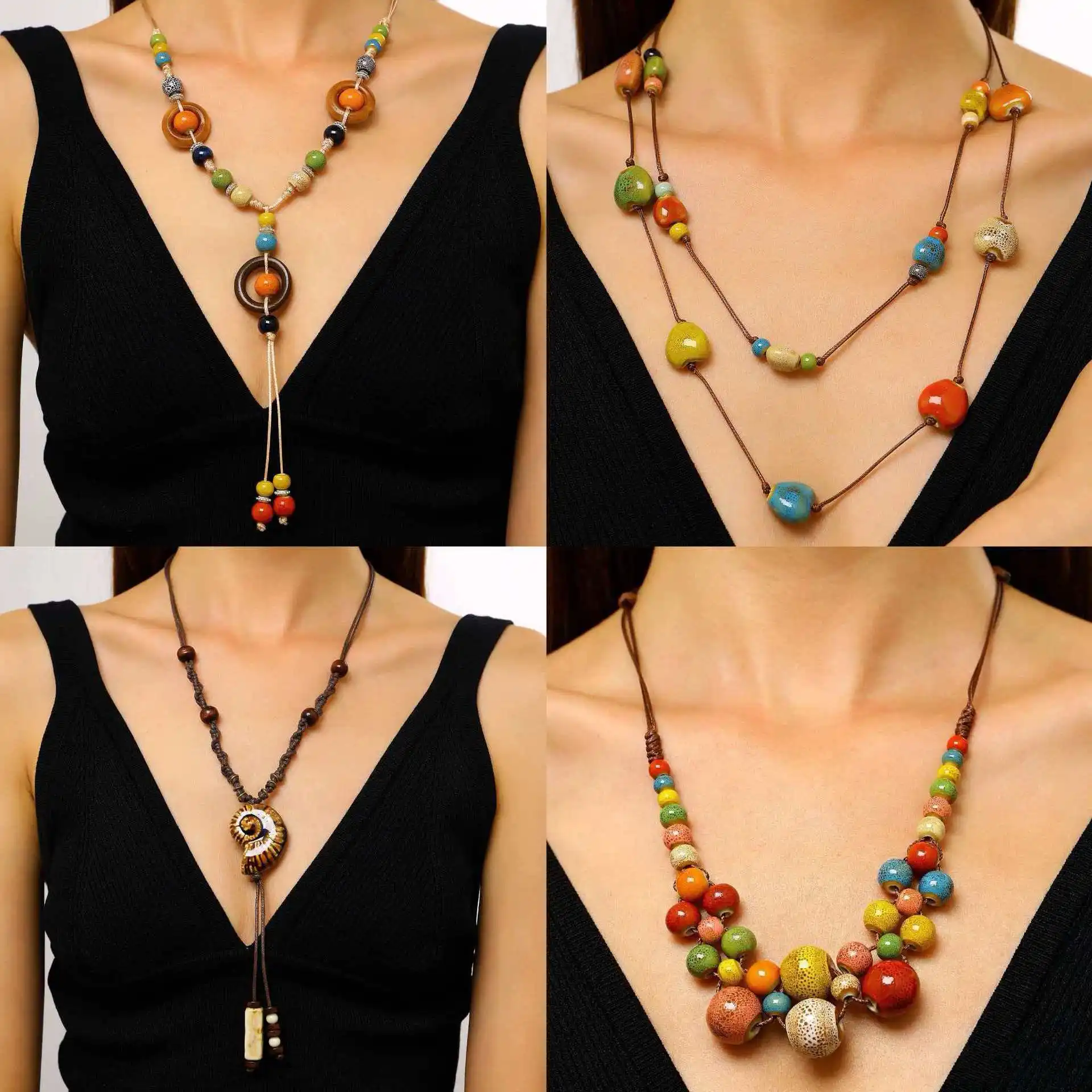 Vintage Bohemian Colorful Ceramic Beaded Necklace, Handmade Long Clavicle Chain Jewelry Wholesale, Retro Ethnic Style