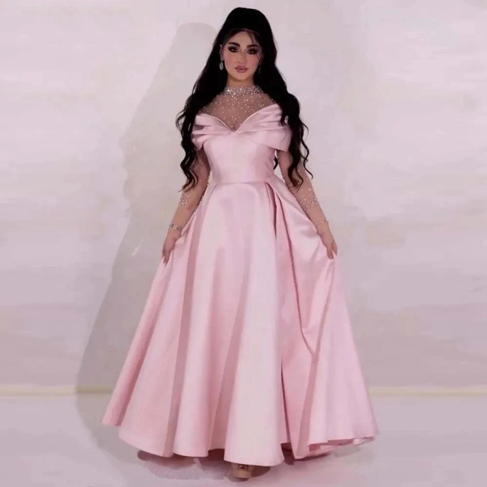 

Customized 2024 New High Quality Elegant A-line Evening Dress High Neck Long Sleeves Satin Beading Pearls Formal Prom Wedding Pa