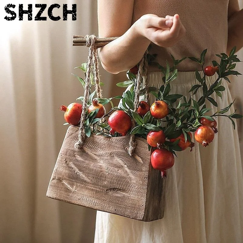Vintage Wall Hanging Planter Rope Wooden Flower Pot Rustic Boho Outdoor Home Decor