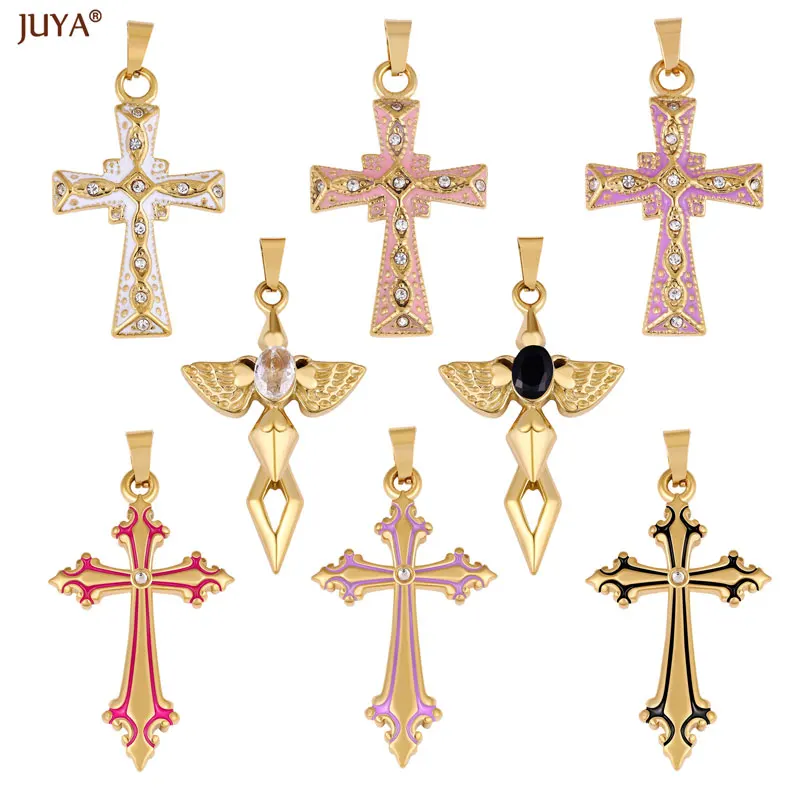 JUYA New Copper Plated Gold Pendants Natural Zircon Cross Talisman Charms For Women Necklaces DIY Jewelry Making Accessories