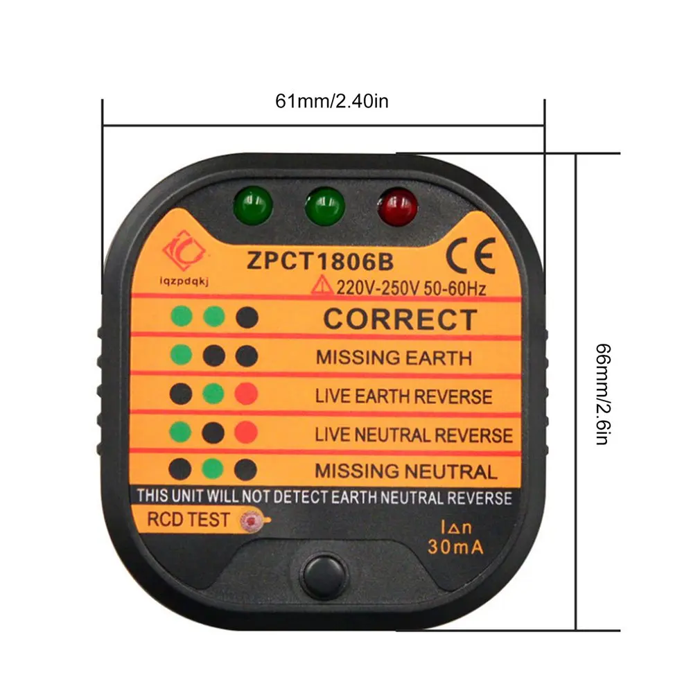 Hot Outlet Socket Tester Detector ZPCT1806B Circuit Polarity Voltage Plug Breaker EU Ground Zero Line Switch Safety Electroscope