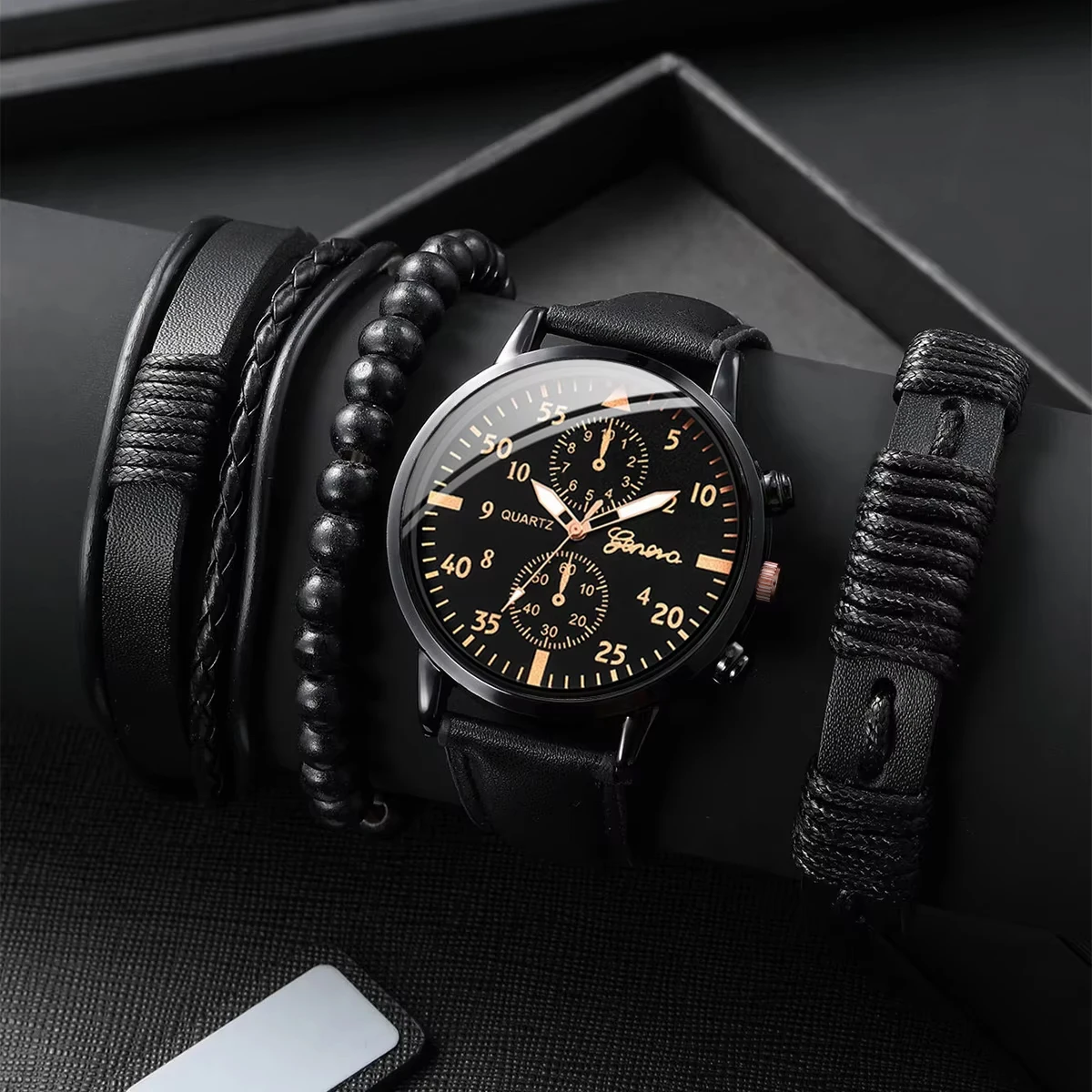 4PCS Men's Business Watches Fashion Leather Strap Analog Quartz Watch with Woven Bracelet Set (No Box)