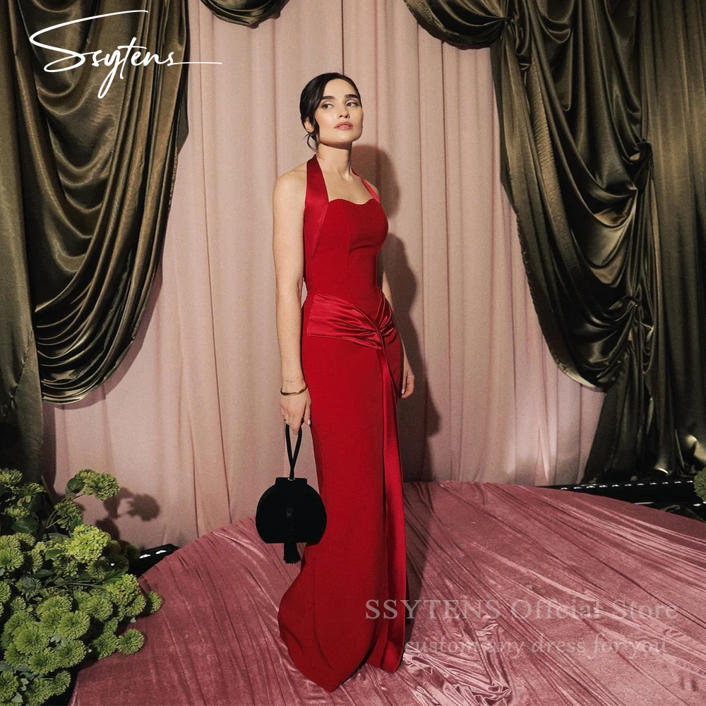 

SSYTENS красные вечерние платья с лямкой на шее, морщинистые атласные длинные платья русалки в форме сердца, платье для выпускного вечера по индивидуальному заказу