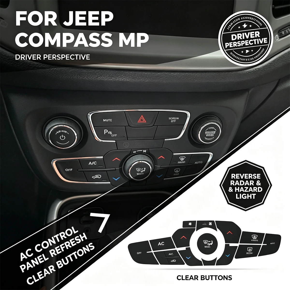 For Jeep Compass MP AC Dash Button Repair Decal - Climate Control Reverse Radar Hazard Light Sticker, Anti-Worn PVC