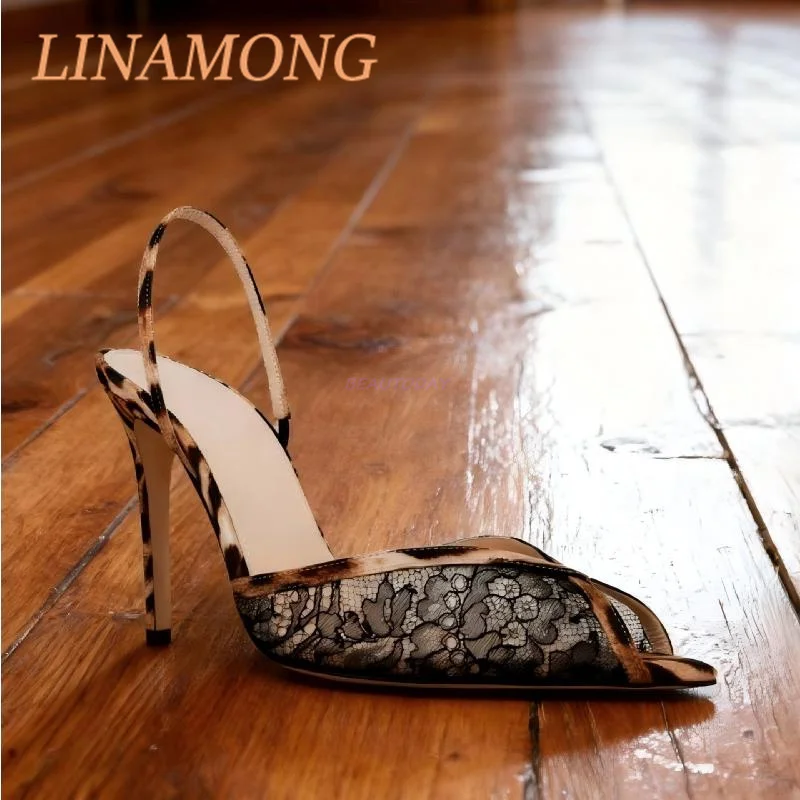 

Lace Leopard Print Cool Mop Fashionable and Simple Black Pointed Toe One Foot Strap Temperament Slim High-Heeled Sandals
