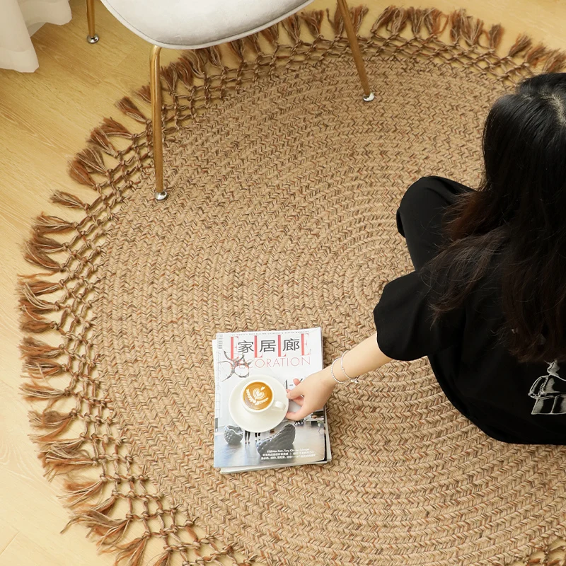 Nordic simple hand knotted tassel round jute carpet blended woven rug living room tea table study bedroom sisal  floor mats