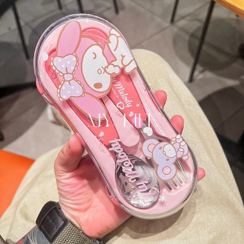 2 pezzi   anime   Hello Kitty   La mia melodia   Cucchiaio forchetta in acciaio inox   Kawaii   Portatile   Forchetta da frutta   decorare   Set di stoviglie   Cucchiaio forchetta   Regalo