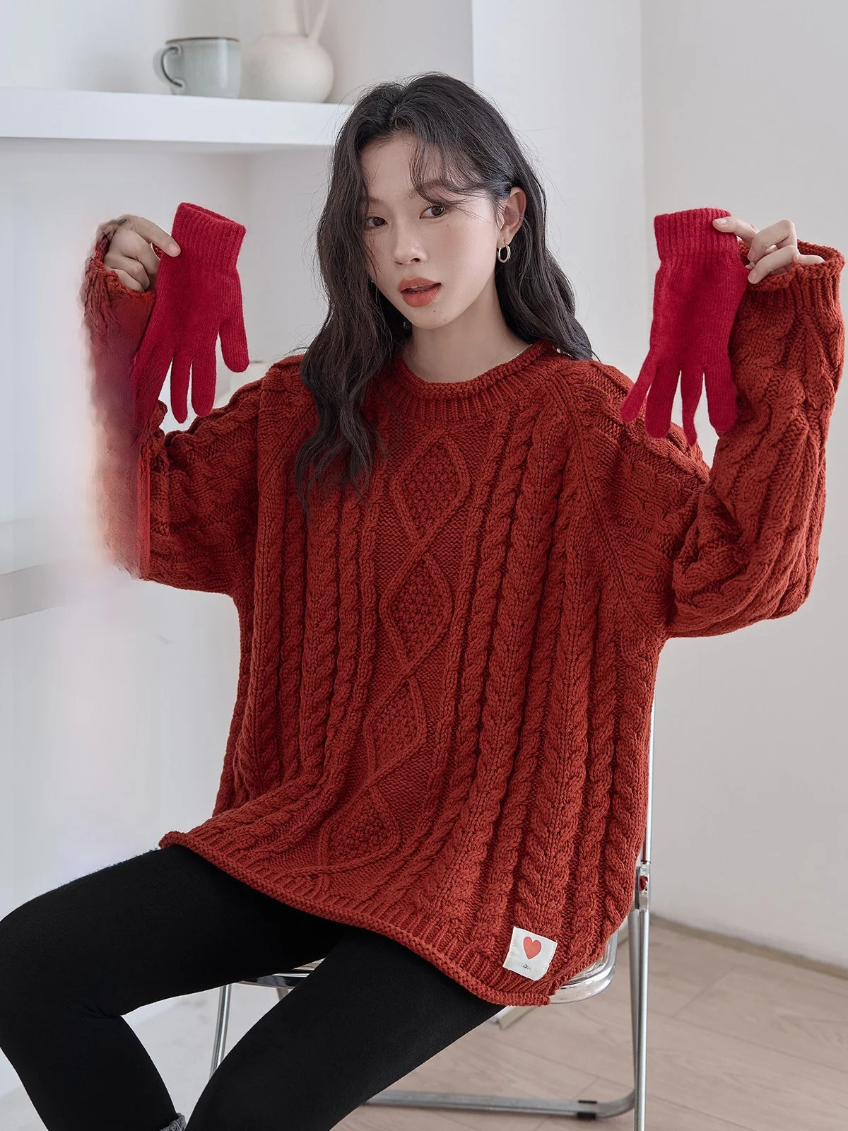 

Женский вязаный свитер Cisas Red Twist, зимний свободный универсальный топ HUIXI, однотонный, с длинными рукавами, для повседневной носки