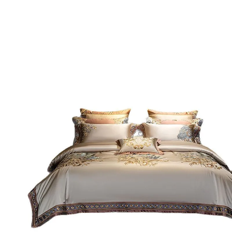 High-end light luxury pastoral silk cotton long-staple cotton embroidered home textile bed four-piece set skin-friendly and soft