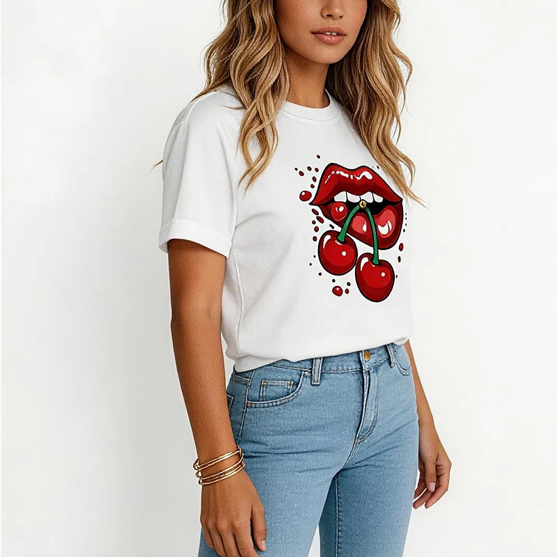 Women's Trendy and Creative Cherry Lips Design Print T-shirt 90s Y2K Crew Neck Short Sleeve Tops Tshirt Casual T Shirt Clothes view 3