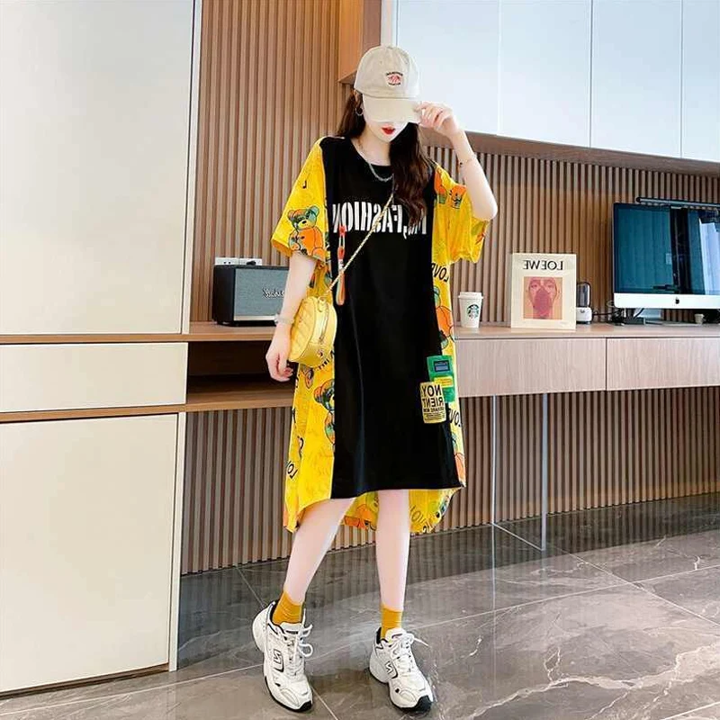 Summer New Letter Printing T Shirt Tops Short Sleeve Round Neck Loose Irregular Patchwork Pullovers Fashion Casual Women Clothes