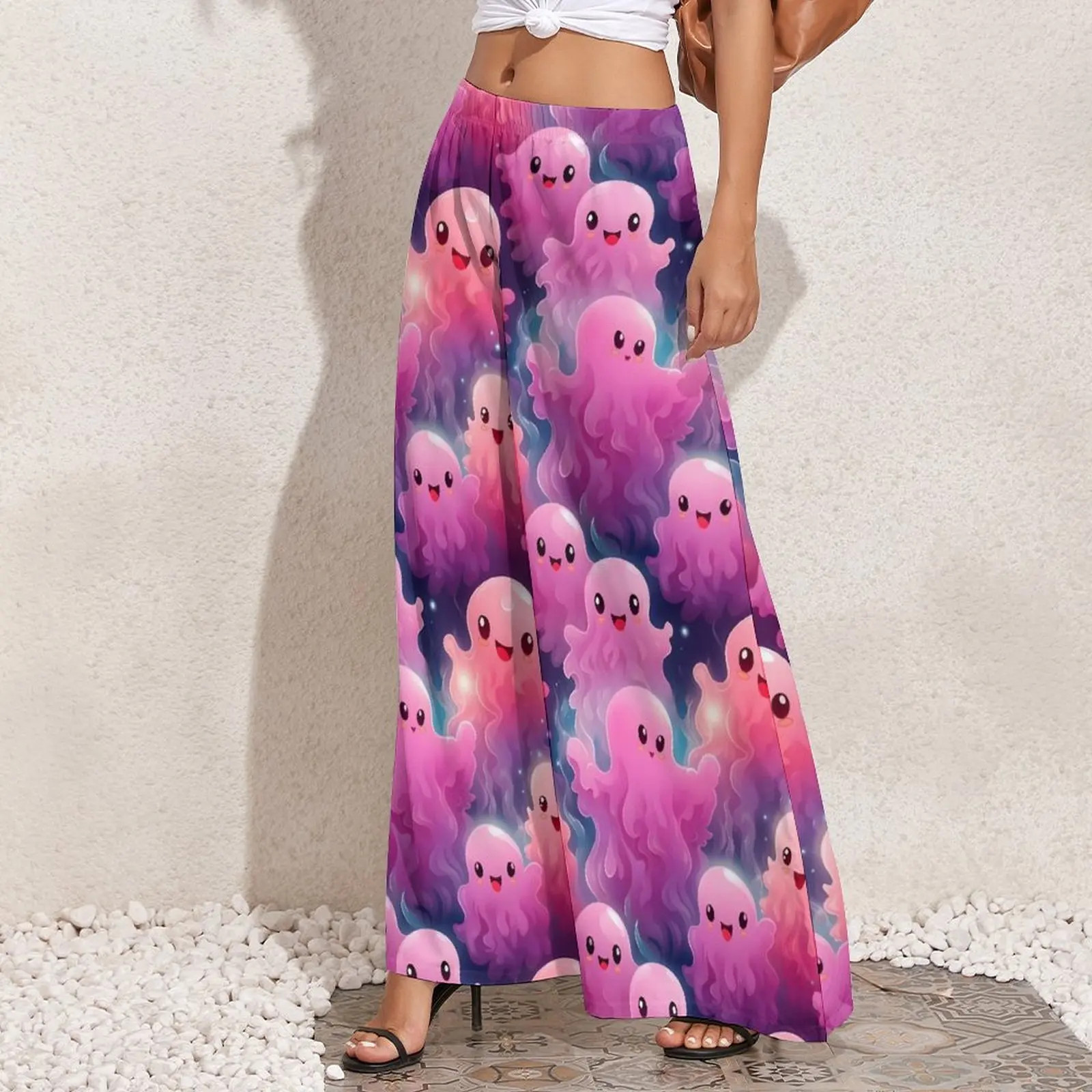 Pantalon Fantôme Rose à Taille Haute pour Halloween, Vêtement Élégant à Jambes Larges, Imprimé FjBeach