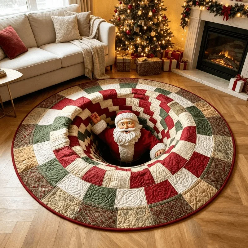 Circle Floor Blanket Funny Shh Santa Claus Letters Cushion Flannel Soft Warm Winter Holly Berry Placement Floorpad