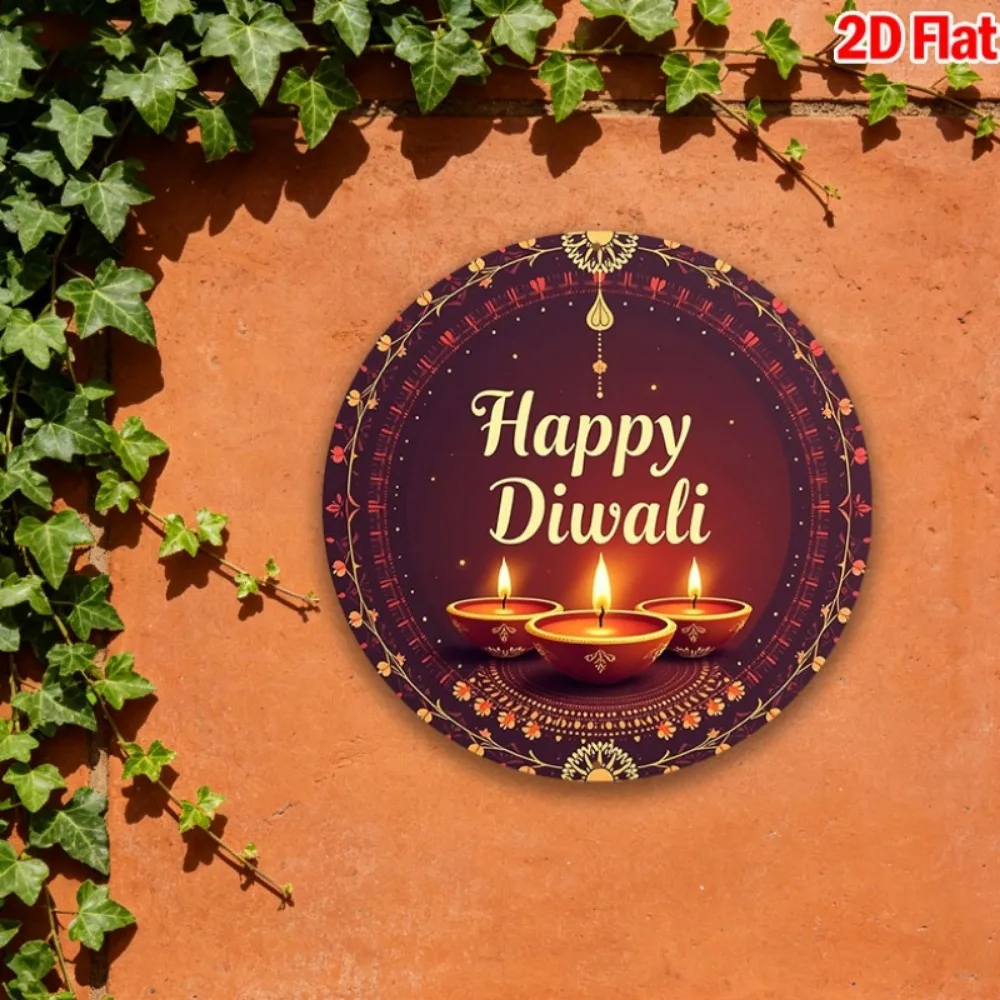 CIFBUY Boho Happy Diwali Oil Lamps Mandala Sign, Aluminum Wall Art Waterproof Wear Resistant Round Metal Plaque for Living Room