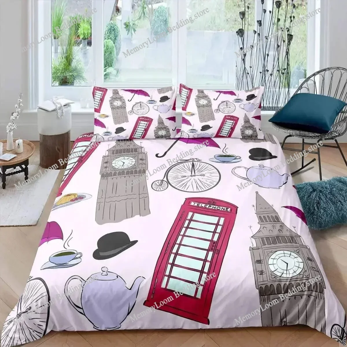 3D Print Big Ben Boys Famous Telephone Booth Bedding Set for Teens Retro London Cityscape With Pillowcase Duvet Cover Set