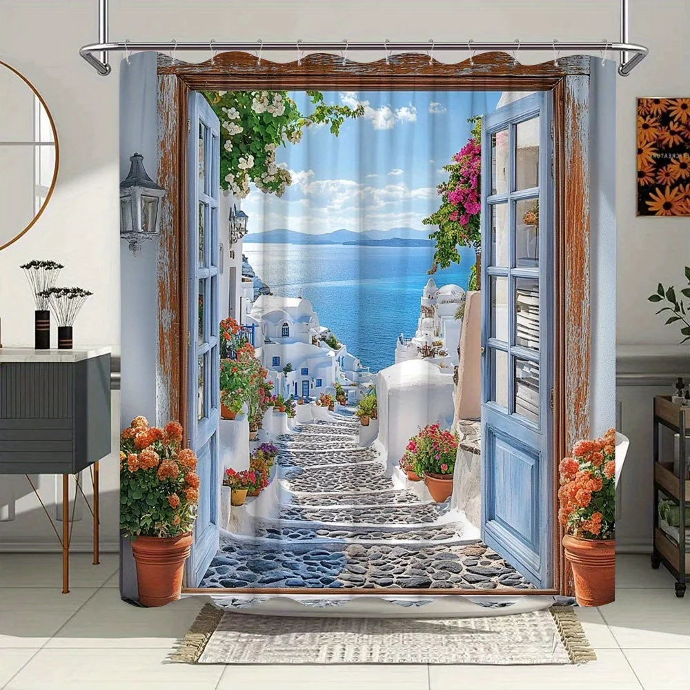 

Greek Island Shower Curtain - White Buildings, Azure Sea & Flowers, Vibrant Mediterranean Scene, Water-Resistant