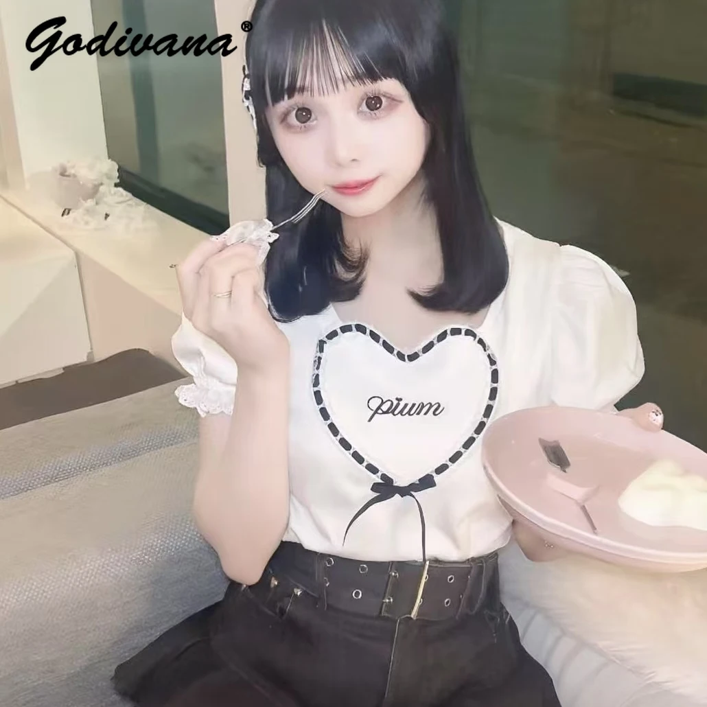 

Летняя футболка в японском стиле с вышивкой в виде сердечек и лент, с коротким рукавом, для девочек и женщин, из трикотажного хлопка