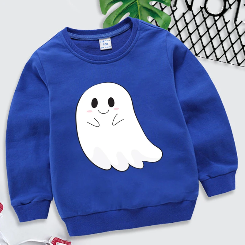 Fashion Cute Ghost Print Kids Hoodies 2024 New Cartoon Style Halloween Boys Girls Y2K Tracksuit Funny Round Neck Sweatshirts