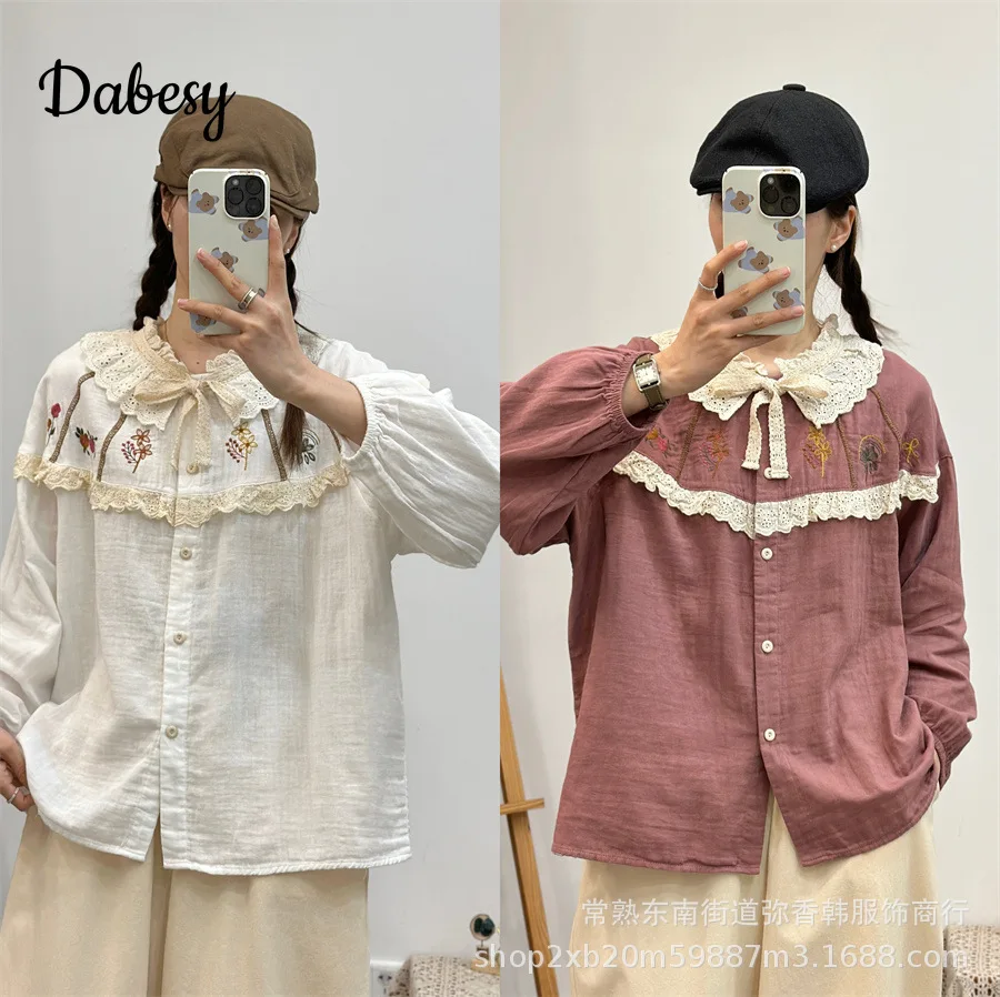 Japan Style Mori Girl Cotton Linen Shirt Women New Vintage Embroidery Ruffles Collar Patchwork single-breasted blouses Loose Top