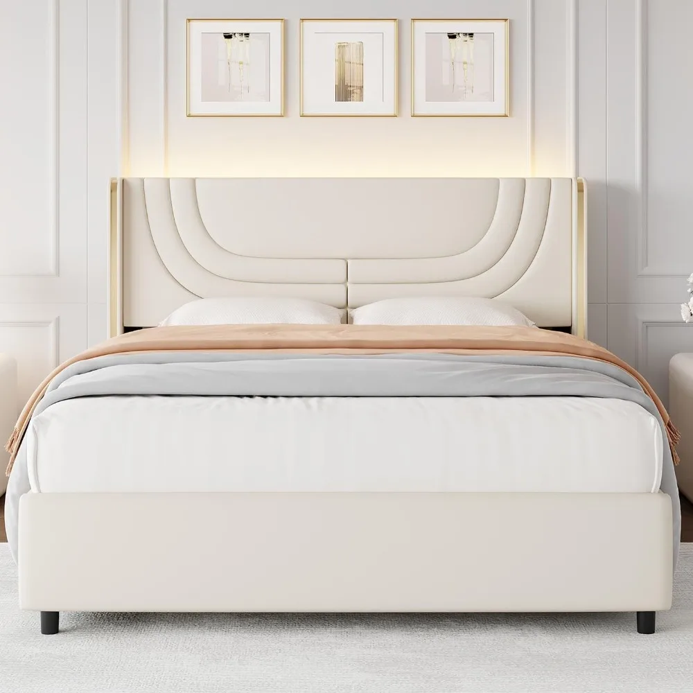 

Queen Upholstered Bed Frame with Headboard, LED Platform Bed with Wingback Design, Solid Wooden Slats Support, No Box Spring Nee