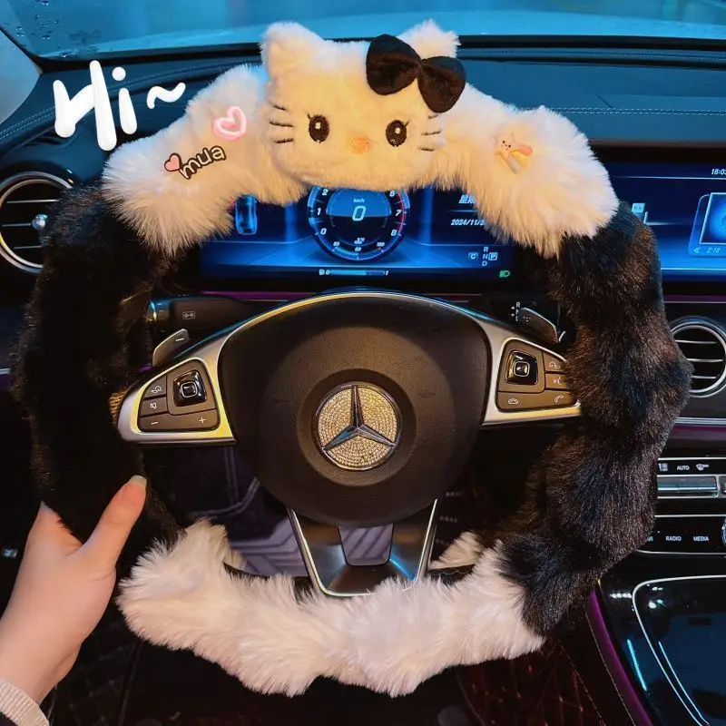 Kawaii Hello Kitty Car Steering Wheel Cover Sanrio cute winter plush  Cartoon Fashion Handlebar Covers Interior Accessories Gift