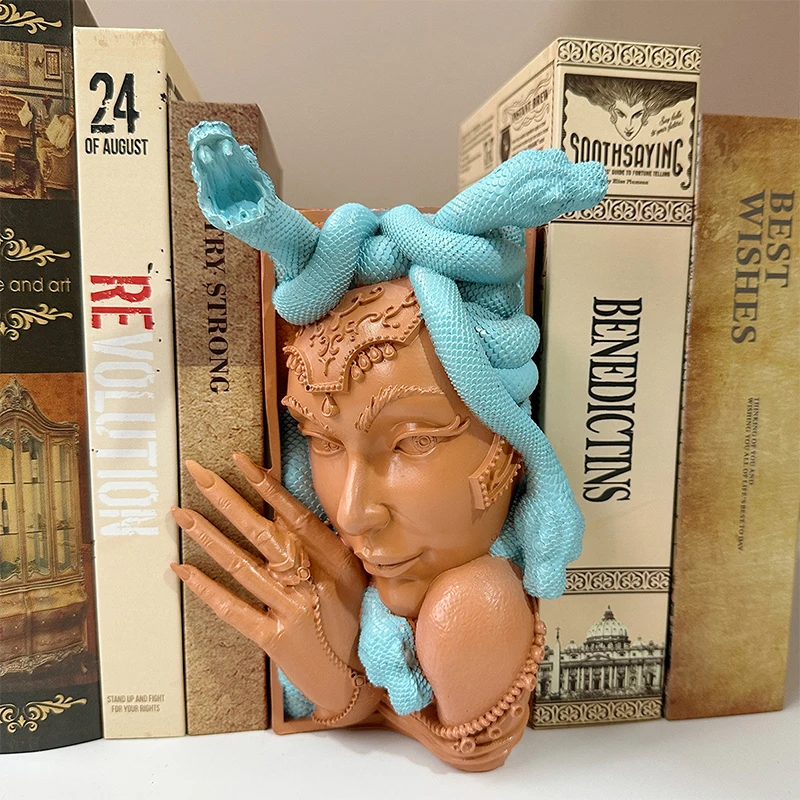 Resin Medusa Head Book Nook Decorative Bookends Unique Snake Women Face Book Ends Heavy Duty Book Stopper For Home Office Desk