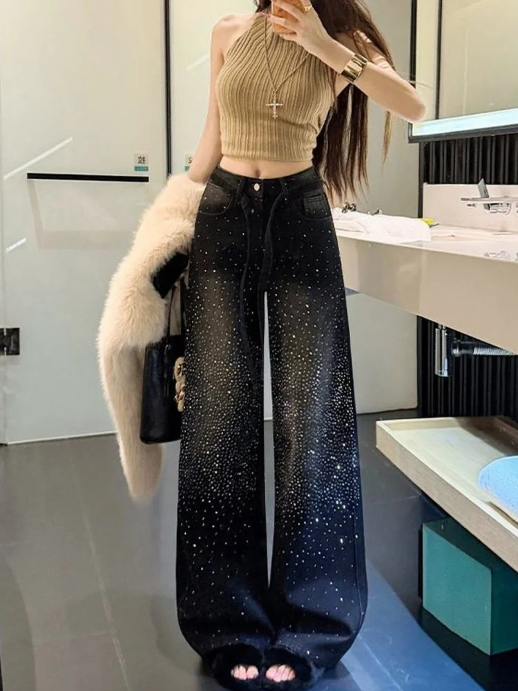 

Джинсы женские с высокой талией и широкими штанинами, весна 2026, новый стиль, для фигуры типа «груша», утягивающие, с блестящими стразами