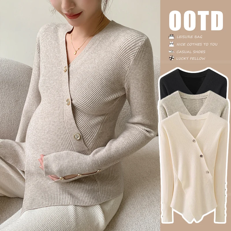 Across V neck Knitted Nursing Shirt Maternity Autumn Winter Slim Hot Bottoming Tops for Pregnant Women Youth Pregnancy Sweaters