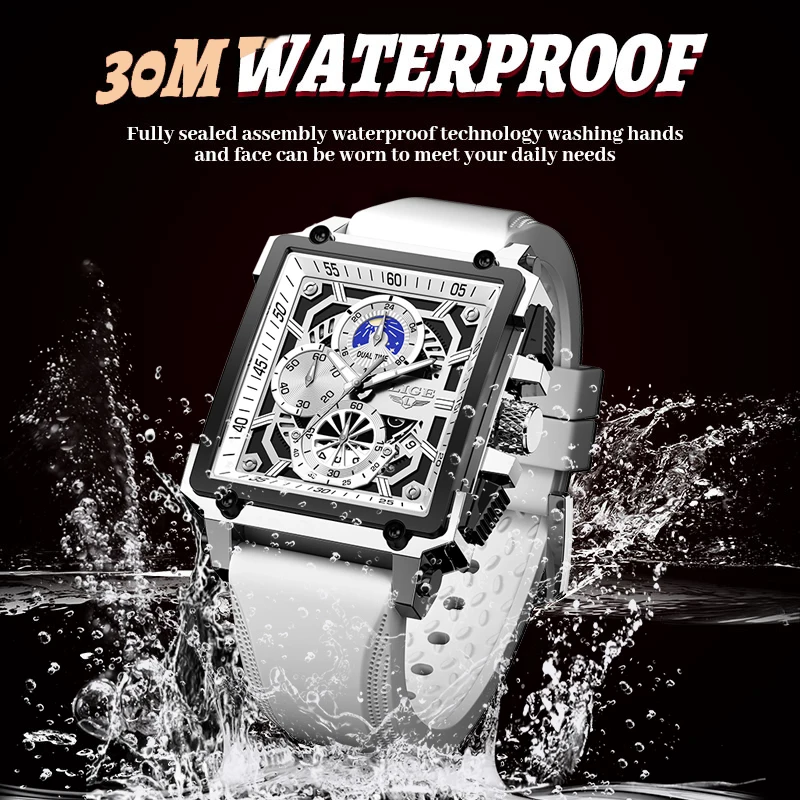 LIGE Luxo Mens Relógio Militar Esporte Calendário Relógios de Quartzo para Homens À Prova D 'Água Fase da Lua Branco Silicone Homem Relógio Cronógrafo