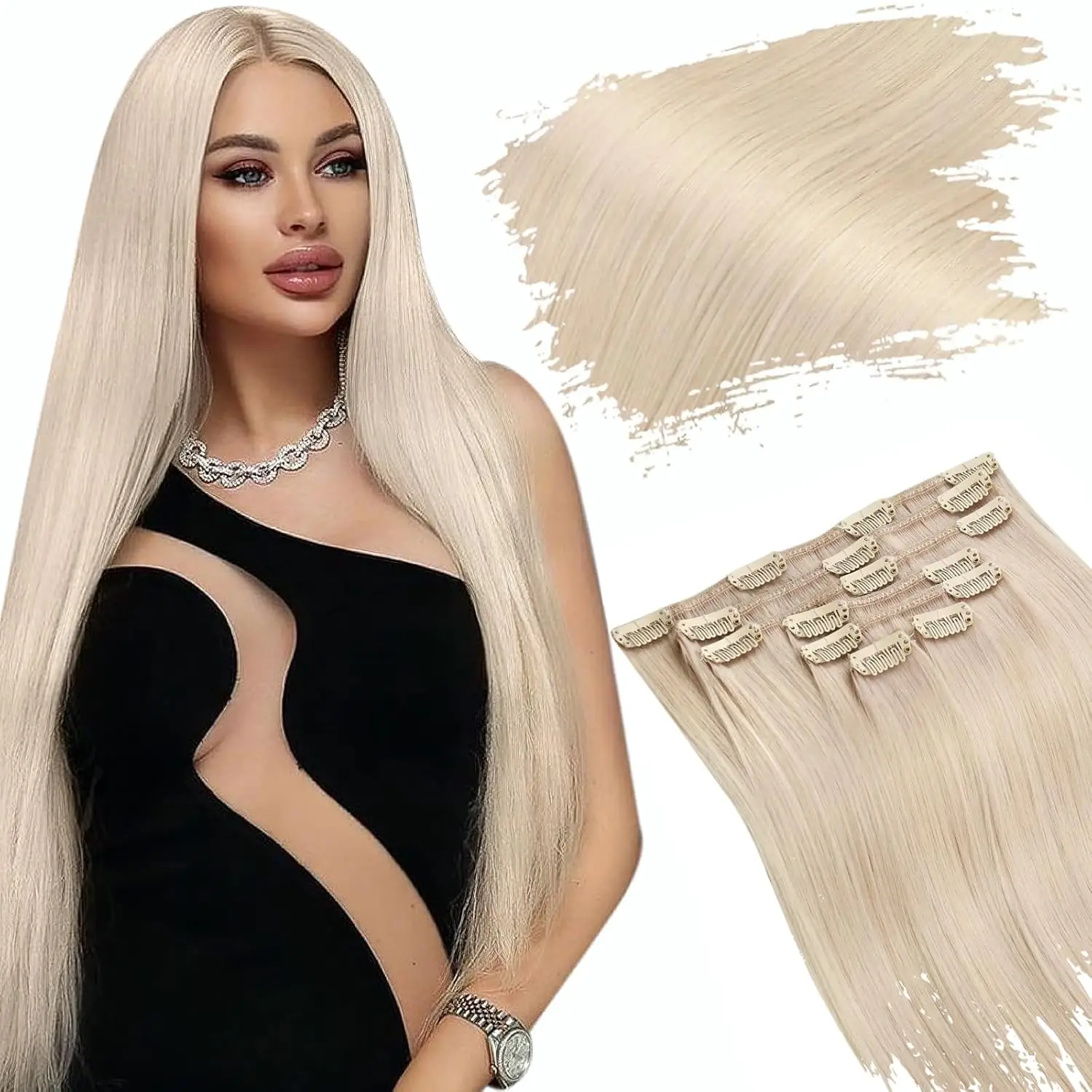 

Ugeat Blonde Hair Extensions Clip in Human Hair Platinum Blonde Clip in Hair Extensions Real Human Hair Double Weft Human Hair