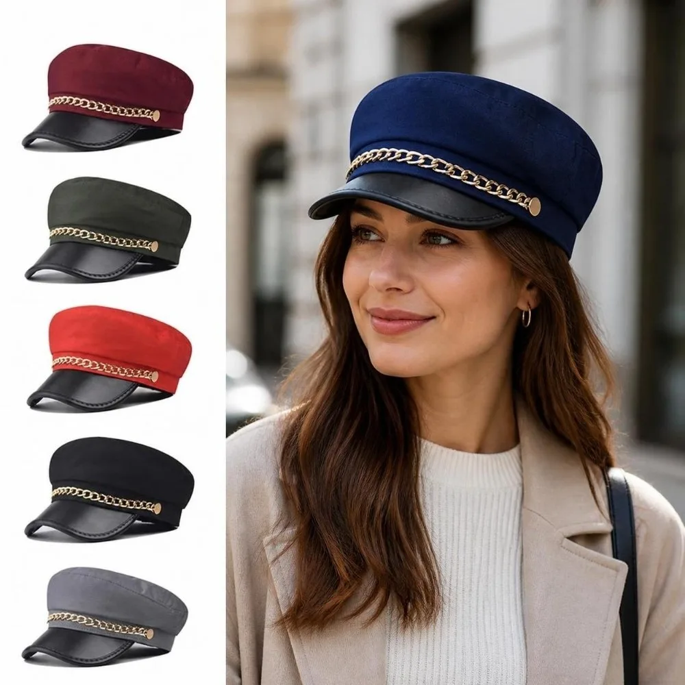 Classic Gold Chain Decor Newsboy Cap Short Brim PU Leather Flat Top Cap All-Match Casual Beret Hat For Women