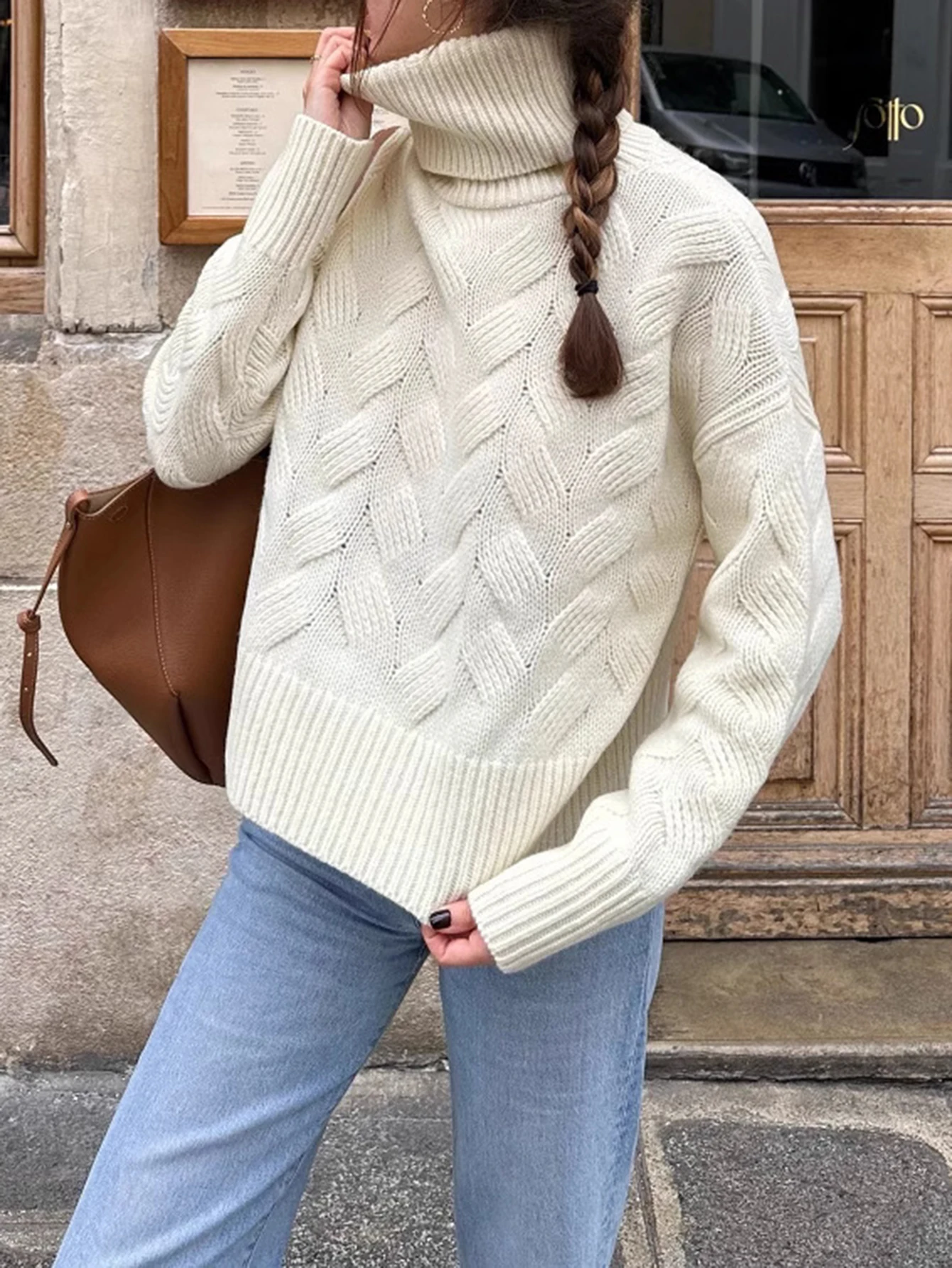 Damski sweter na jesień i zimę, minimalistyczny, jednolity kolor, długi rękaw, golf, codzienna bluzka.