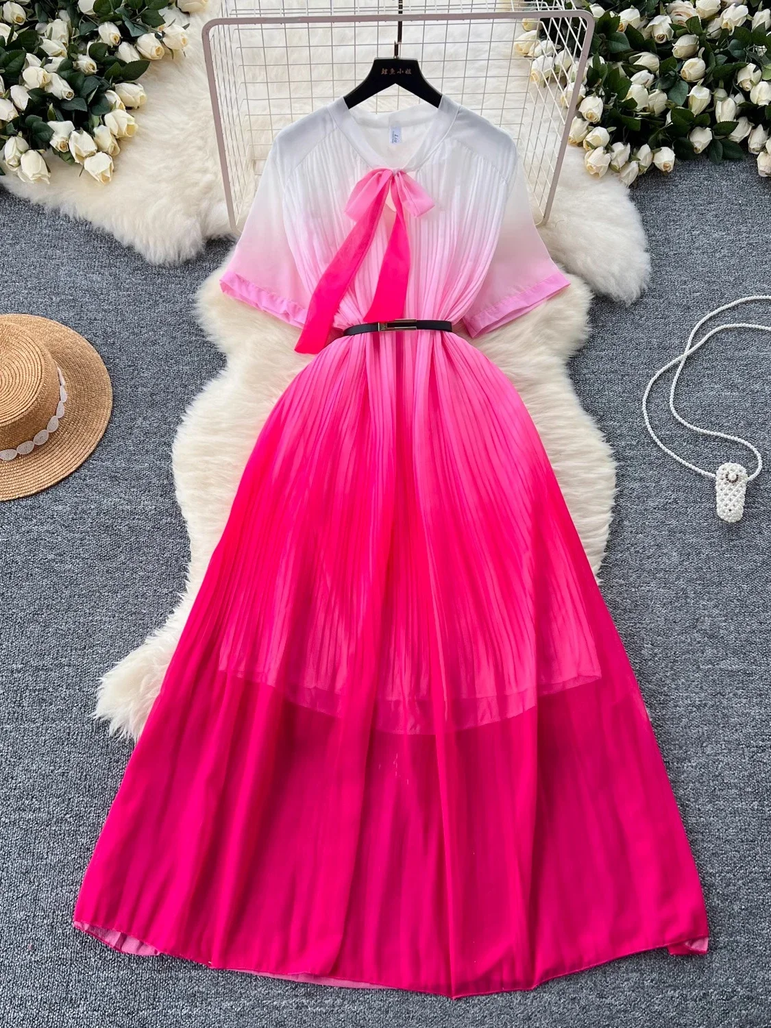 Summer Women Draped Long Dress Orange/Purple/Blue/Rose Gradient Red Bow Collar Short Sleeve Maxi Vestidos Female New Fashion