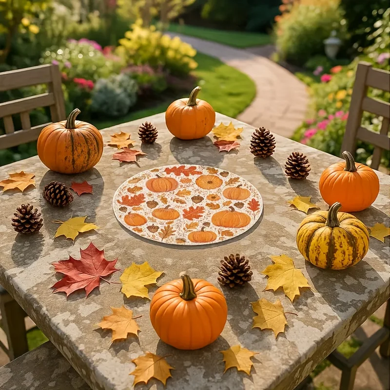 VIKAMA Round Fall Placemats Pumpkin Maple Leaf Linen Mats Non-Slip Wipe Clean for Thanksgiving Dinner Table Decor