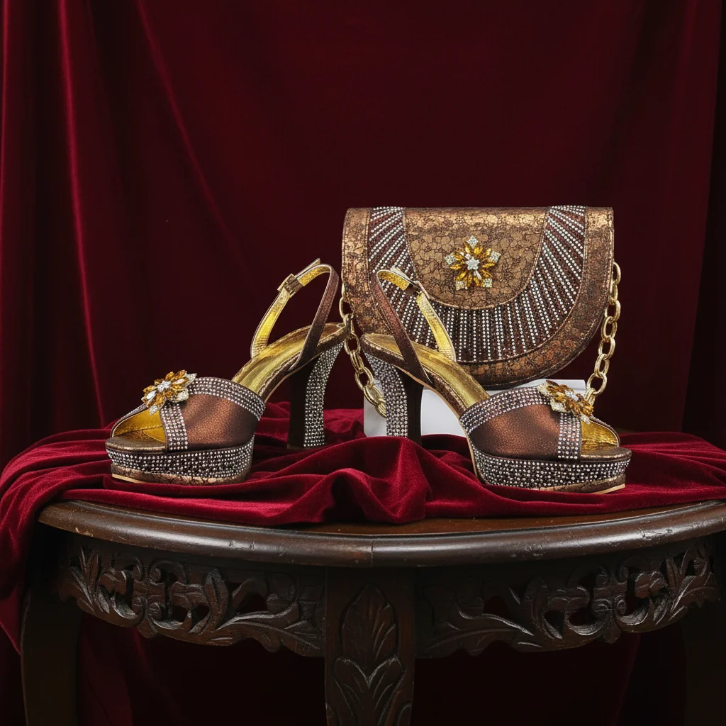 2026 Elegant Women's Heel Rhinestone Peep Toe High Heels Bigger Size Sandals Italian Design with Matching Bags in Coffee  Color