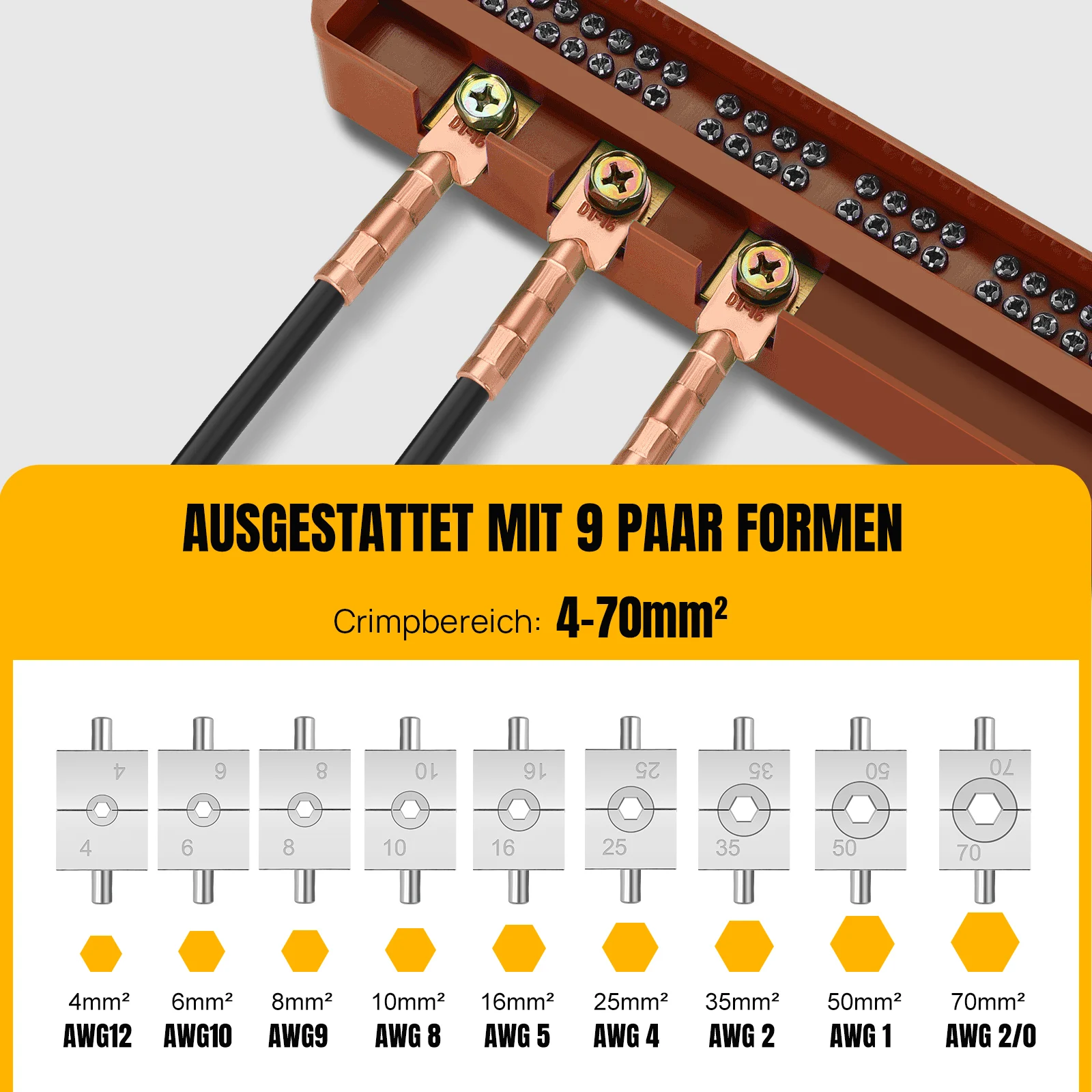 Hydraulische Crimpzange für Kabelendhülsen, 9 Matrizen, 4-70 mm², 100KN, Hydraulik-Crimper-Set, Crimpwerkzeug mit 9 Matrizen für Kupfer- und Aluminiumkabelschuhe – Detail 2