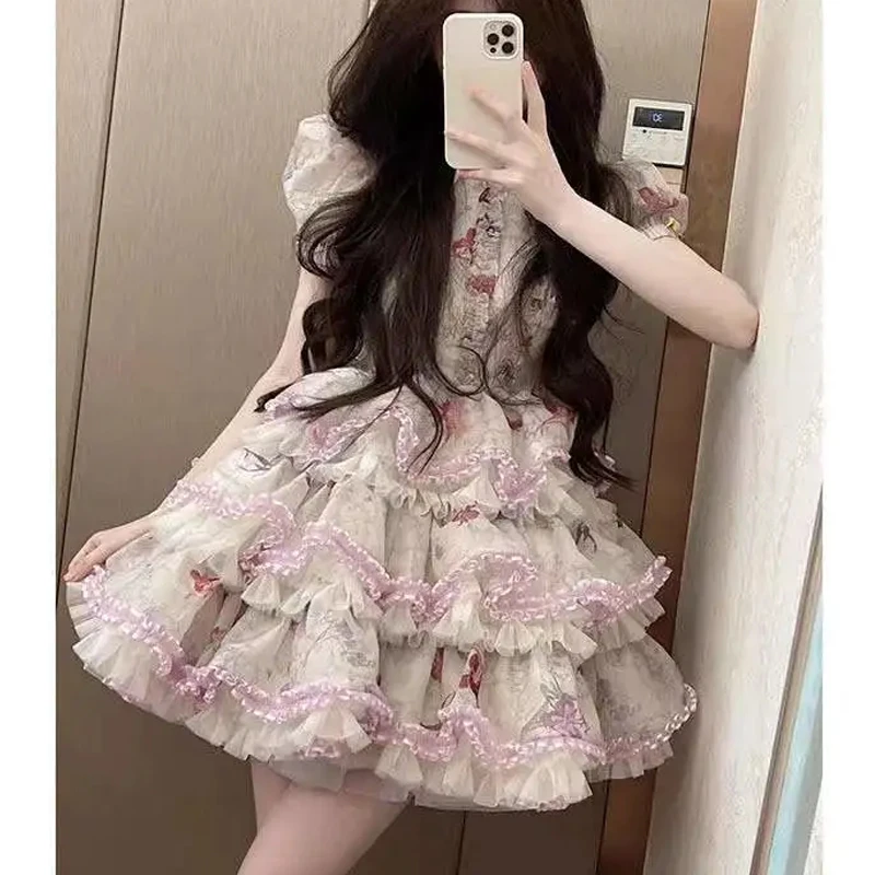 High End Vintage Lace Ruffle Bowknot Organza Puffy Bubble Sleeves Lovely Lolita Princess Dress Cross dresser Sissy Maid Cosplay