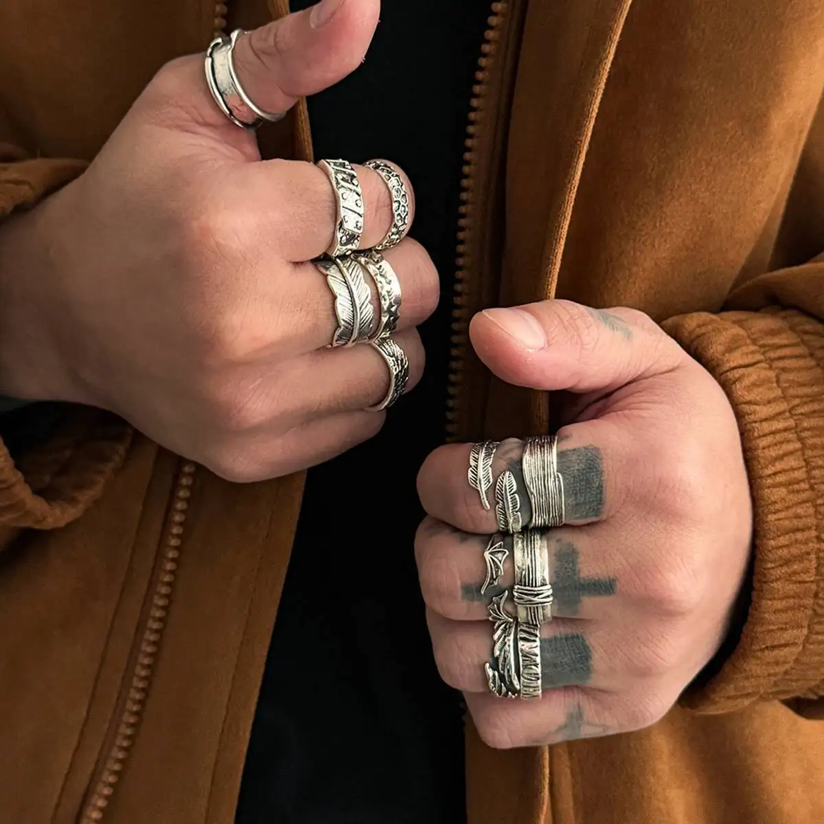 Ingemark 12Pcs/Set Punk Feather Open Rings for Men Hip Hop Geometry Bat Wings Silver Color Adjustable Knuckle Ring Male Jewelry