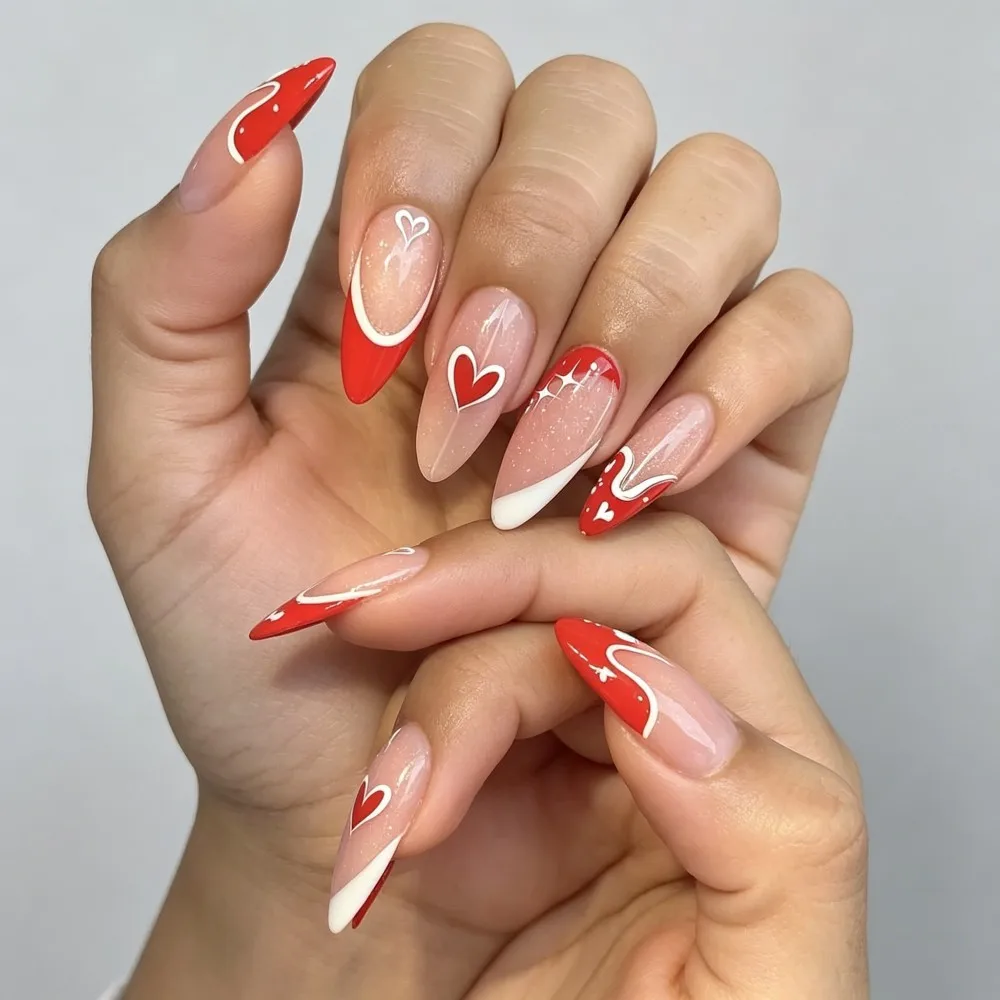 24pcs French Tip Press On Nails Nude Pink With White Heart & Glitter Long Almond Fake Nails Reusable False Nail Tips For Dating view 2