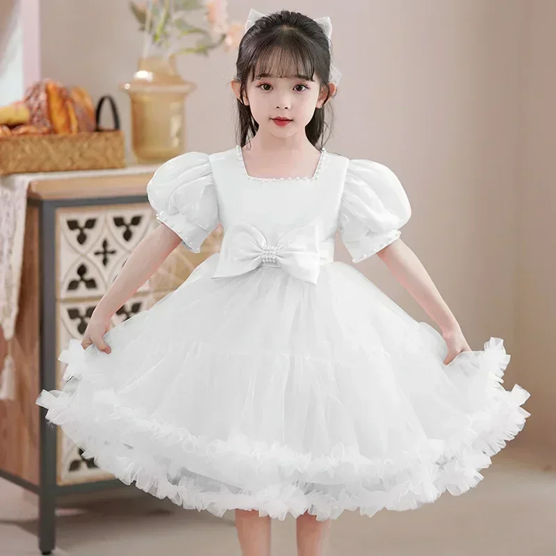 Vestido infantil de princesa para meninas, elegante, de malha, fofo, para performance de piano, verão