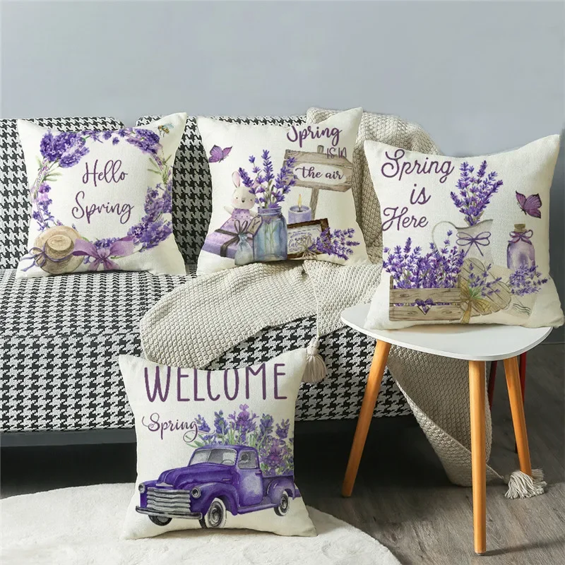 Purple Flowers Hello Spring Cushion Cover 18x18 Inches Throw Pillow Case Linen Pillow Covers Home Decor Pillowcase for Sofa