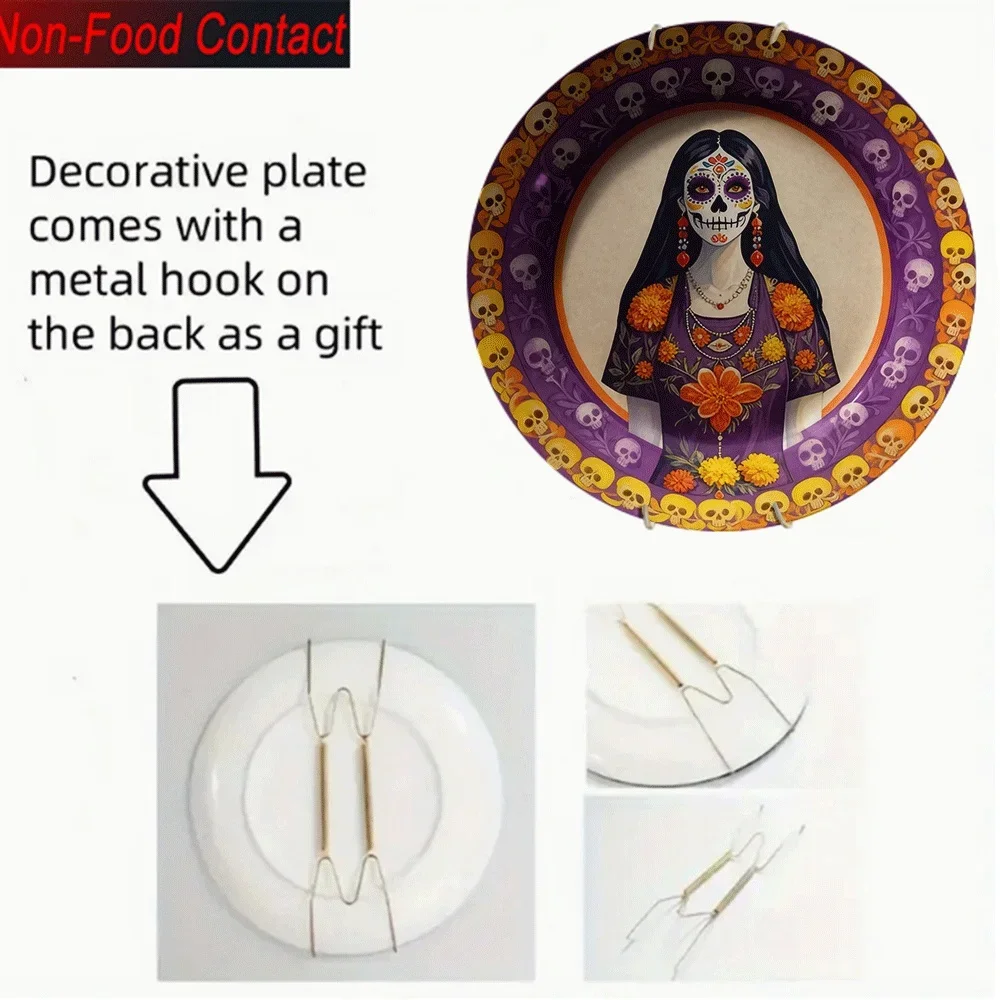 2D Flat, 1pc Mexican Day of the Dead Ceramic Decorative Plate - Non-Food Contact Safe, Vibrant Purple & Orange Skull Design