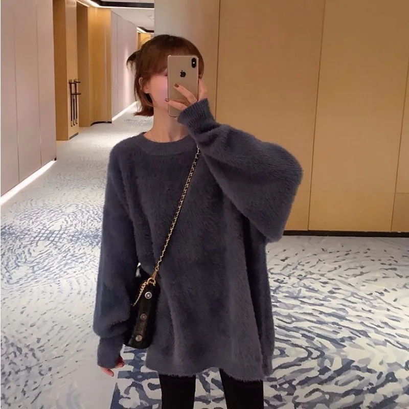 Women 2023 New Autumn/Winter Sweater Thickened and Loose Korean Version Mink Fleece Imitation Knitwear Trend Round Collar