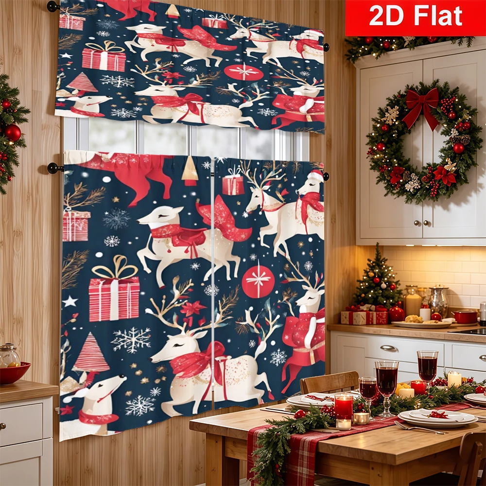 Christmas Kitchen Curtains, White Reindeer Gift Pattern, Digital Print, Kitchen Dining Room, Rod Pocket Polyester, Home Decor