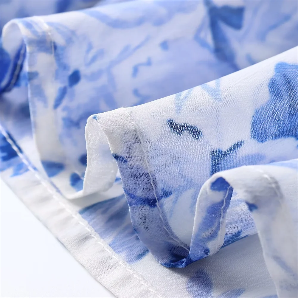 BM&MD&ZA2025summer novo vestido feminino com cinto em camadas estampa decorativa manga longa solto temperamento vestido saia longa