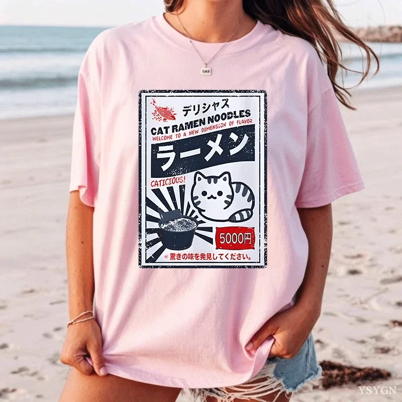 Cat Ramen Graphic T Shirts Men Women Casual Cotton Short Sleeve Round Neck T-shirts Y2k Streetwear Soft Women Men's Clothing