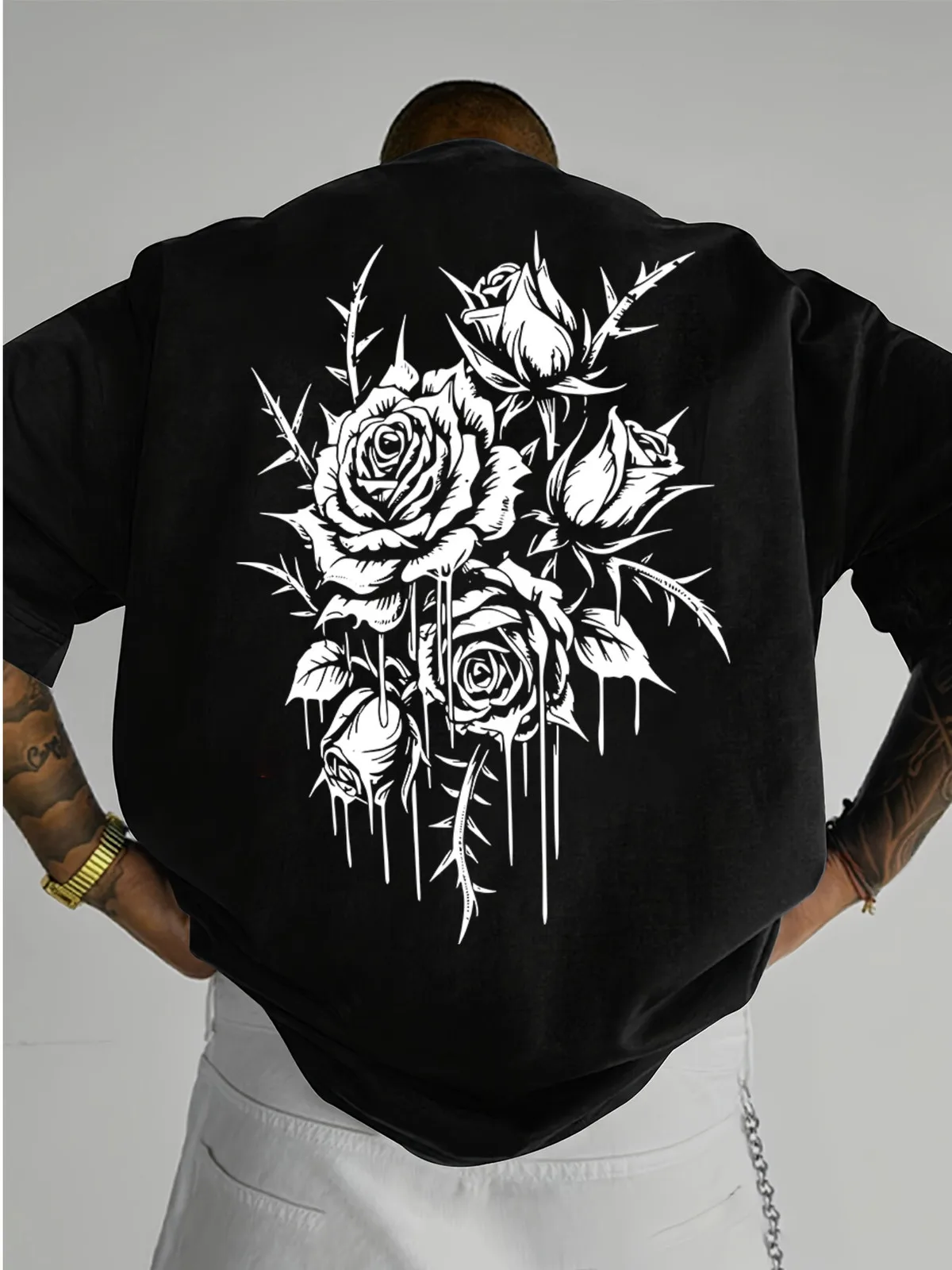 Bleeding Rose T-Shirt - New Dark Style - Rose Thorn Print - Short Sleeve for Men