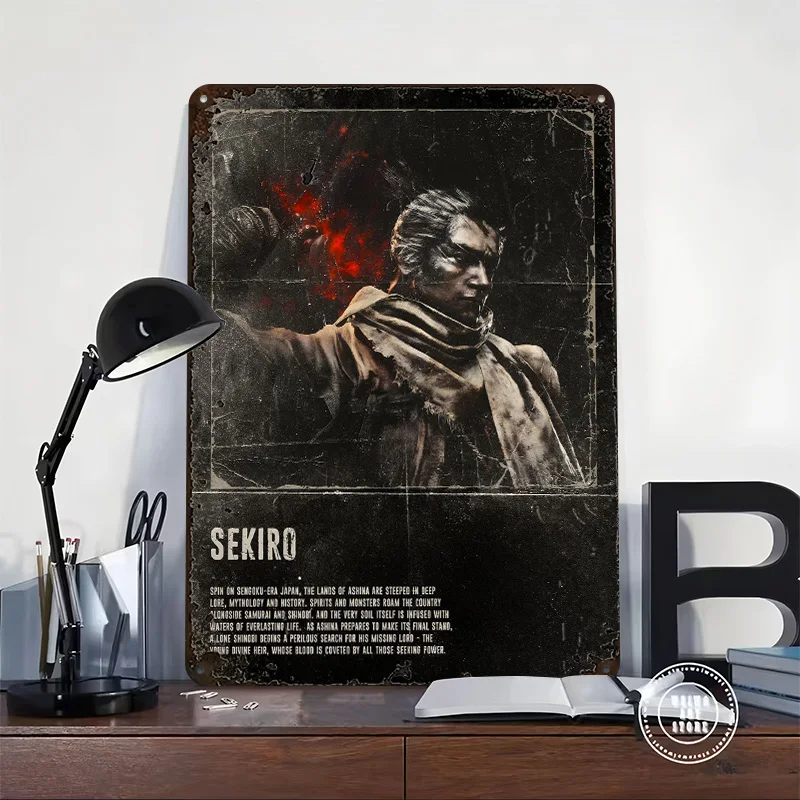 Wolf Sekiro Samurai 3D Printed Texture Poster Personalized Wall Art Retro Metal Tin Signs for Bedroom Decorations Room Decor