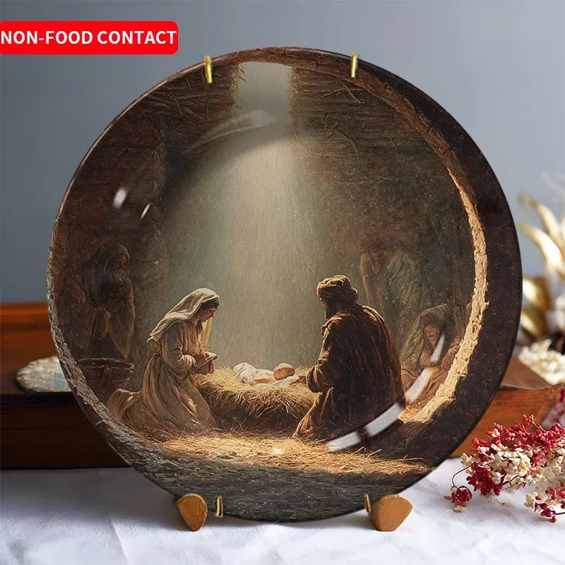1pcChristmas Ceramic Decorative Plate Nativity Scene Ornament Hand-Painted Manger & Virgin Mary Figure Holiday Tabletop Decor